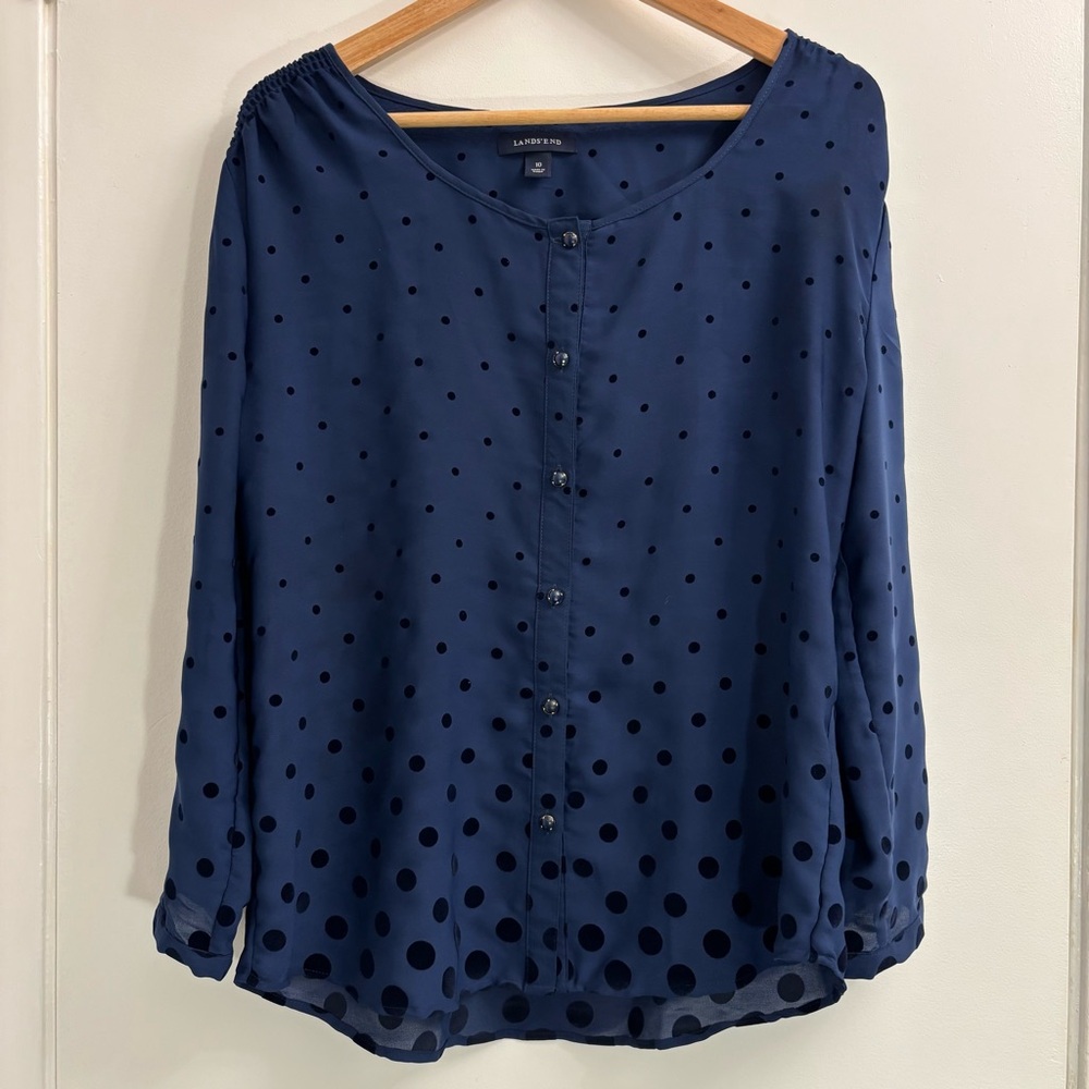 Lands End Women's Size 10 Navy Polka‎ Dot Blouse Long Sleeve Office Workwear